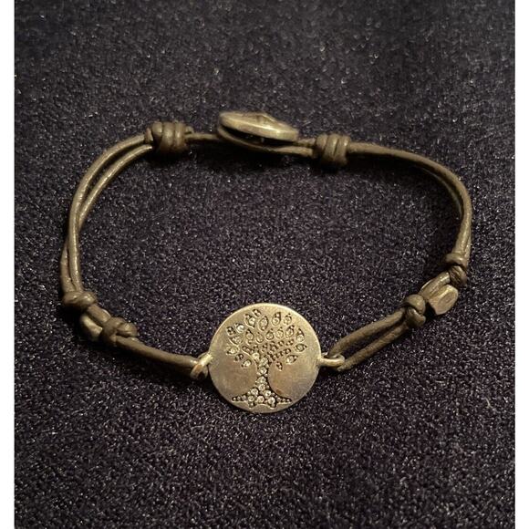FOSSIL Tree Of Life Brown Leather Cord Bracelet Crystal Silver Tone Multi Strand - Picture 1 of 3